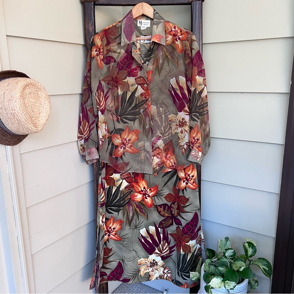 Maggie Sweet Vintage 2pc Floral Dress Semi Sheer Jacket Women’s Petite Small